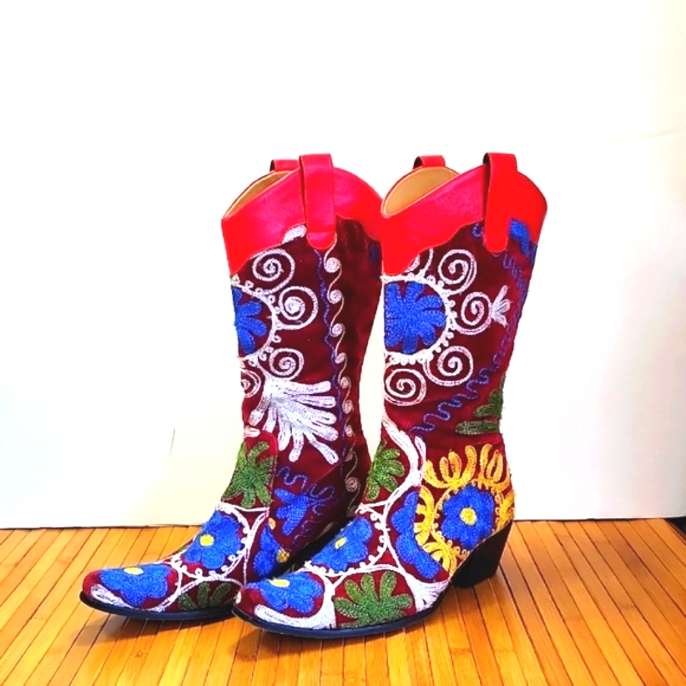 Turkish Sole Womens Back Zip Embroirered Red Velvet Leather Lined Cowboy Boots